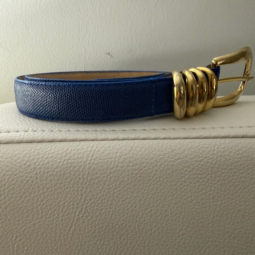 Linda Allard 
Elegant Royal Blue Snake Leather Belt with Gold Buckle (Vintage)
